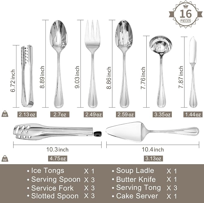 16-Piece Teardrop Serving Utensils Set, 18/10 Stainless Steel Utensils | Serving Utensils, Includes Serving Spoons, Forks & Tongs, Dishwasher Safe, Buffet, Catering, Wedding