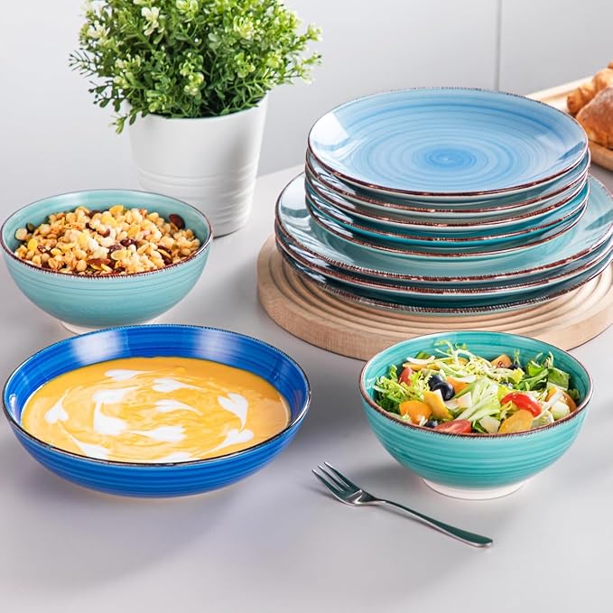 vancasso Bonita Stoneware Dinnerware Sets, 24 Pieces Dishes Set for 6 | Hand-Painted Spiral Dishes for Dinner, Ceramic Kitchen Plates and Bowls Sets-Microwave and Dishwasher Safe (Blue,24 Pcs)