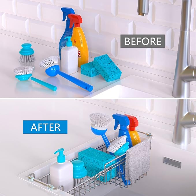 Dish Stands, Over The Kitchen Sink Caddy Sponge Holder Organizer Drying Rack Expandable for Sponge Brush Soap Dish Cloth Rag Smaller 12.25" to 17.25", Stainless Steel