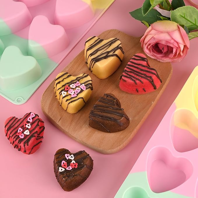 2 Pack 2.7″ Heart Cake Molds, 8 Cavity Silicone Baking Molds for Cake, Muffin, Egg Bites, Cupcake, Bread, Mousse (Green,Yellow,Pink)