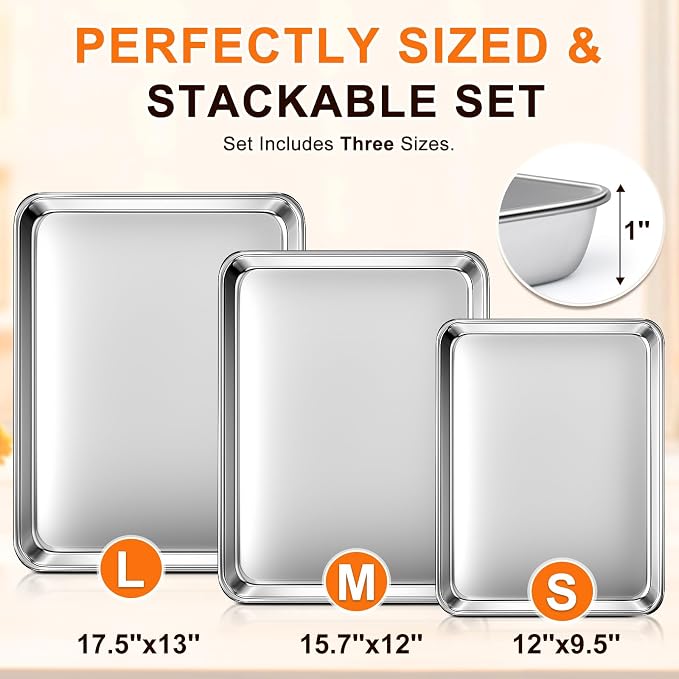 Baking Sheet Set of 3, Commercial Grade Stainless Steel Cookie Sheets for Baking, 12/16/17.5 Inch, Thicker and Firmer Baking Pans Set, Rust & Warp Resistant & Nonstick, Nontoxic&Heavy Duty&Easy Clean