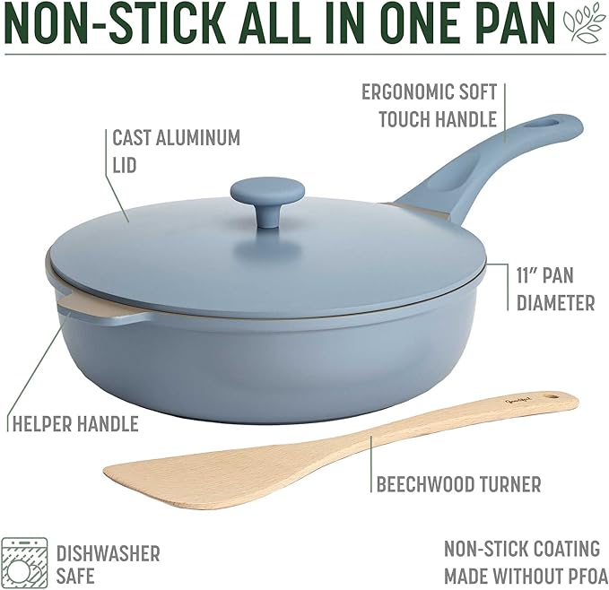 Goodful All-in-One Pan, Multilayer Nonstick Cookware Set, High-Performance Construction, Multipurpose Design Replaces Multiple Pots and Pans, Dishwasher Safe, 11-Inch, 4.4-Quart Capacity, Blue Mist
