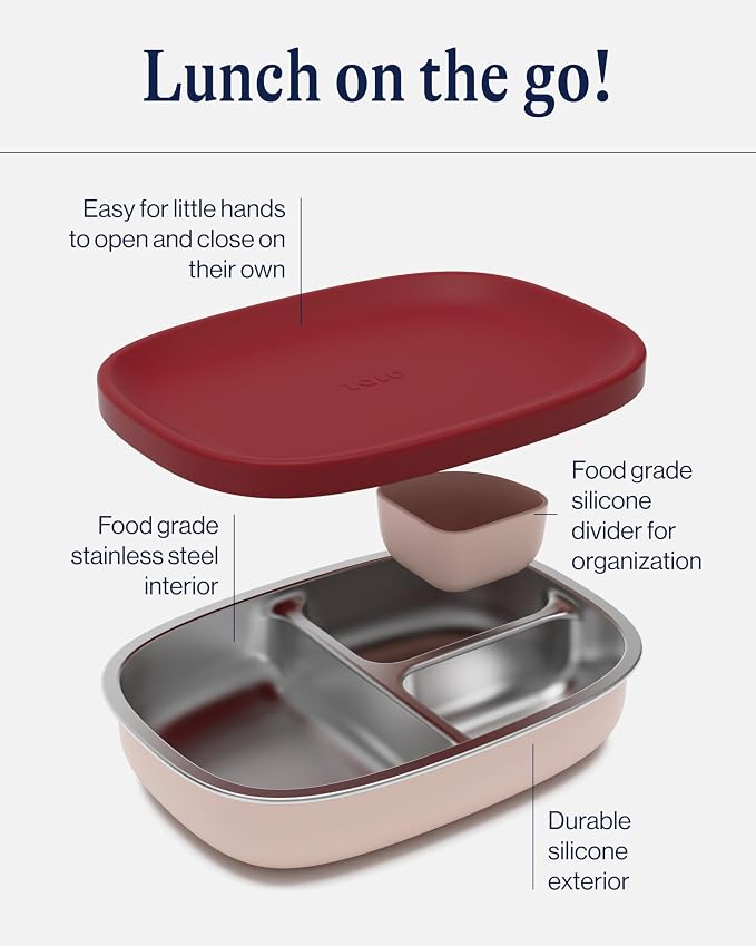 Lalo Bento Box - BPA-Free, Leak-Proof, Dishwasher Safe, Easy to Open & Clean Silicone & Stainless Steel Lunch Box For Kids, Portable for Daycare or Travel - Berry & Cream
