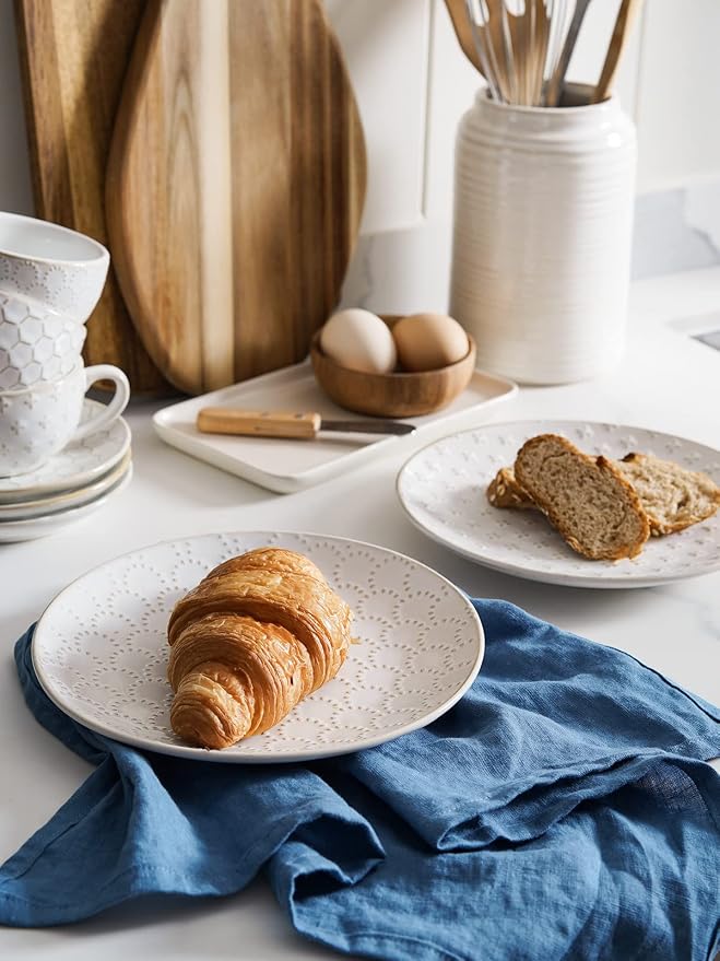 LE TAUCI Ceramic Dishes Set for 4, 12 Piece Plates and Bowls Sets, Embossed Kitchen Dinnerware Sets, Chip Resistant, Microwave & Dishwasher Safe, Arctic White (8"&10" Plate, 26oz Bowl)