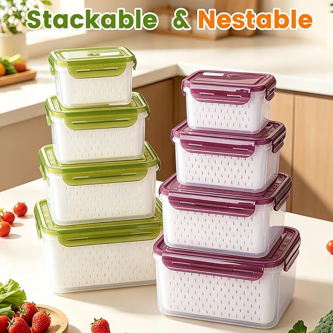 TBMax 8 Pieces Airtight Fruit Storage Containers for Fridge with Air Circulation Vent, 4 Pack Produce Saver with Colander for Berry Lettuce Salad Vegetable Storage, Refrigerator Organizers- Green