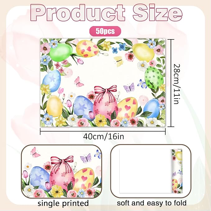 50 Pack Easter Disposable Paper Placemats - Colorful Eggs Table Mats | 16x11 Inch Waterproof Heat Resistant Place Mats Easter Brunch, Spring Party,Wedding Party Supplies