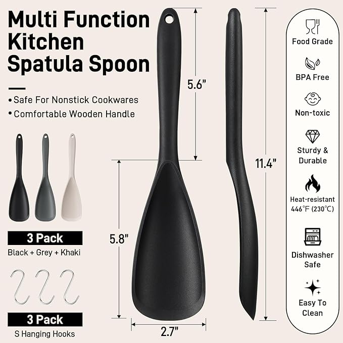 3 PACK Silicone Cooking Spatula & Spoon for Nonstick Cookware, BPA-Free | Multifunction Spoonula for Baking, Cooking, Serving, Mixing, Stirring, Scoop, Scrape - One-Piece Formed, Dishwasher Safe