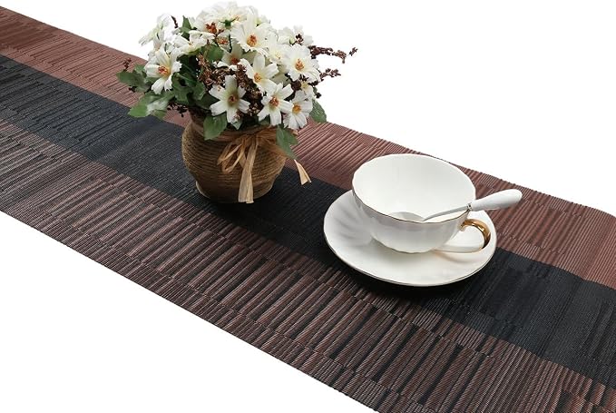 SHACOS Woven Vinyl Table Runners PVC Table Runners 12 x 90 inch Long Wipeable Bamboo Weave Runner for Tables Indoor Outdoor, Ombre Coffee Black