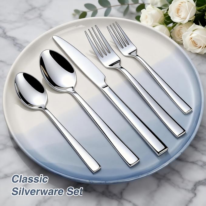 Yoehka 60 Piece Silverware Set, Stainless Steel Flatware Set for 12 | Heavy Duty, Mirror Polished Cutlery Set, Include Spoons/Forks/Knives, For Home Restaurant Hotel, Dishwasher Safe