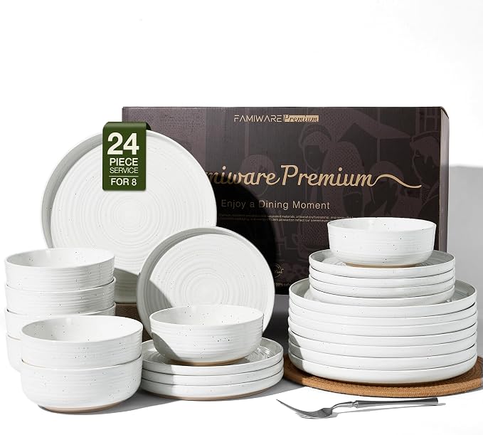 Stoneware Dinnerware Sets for 8, Plates and Bowls, White | 24-Piece Ceramic Speckled Spiral Dishes, Chip & Scratch Resistant, Microwave & Dishwasher Safe, Everyday Use, Farmhouse Style