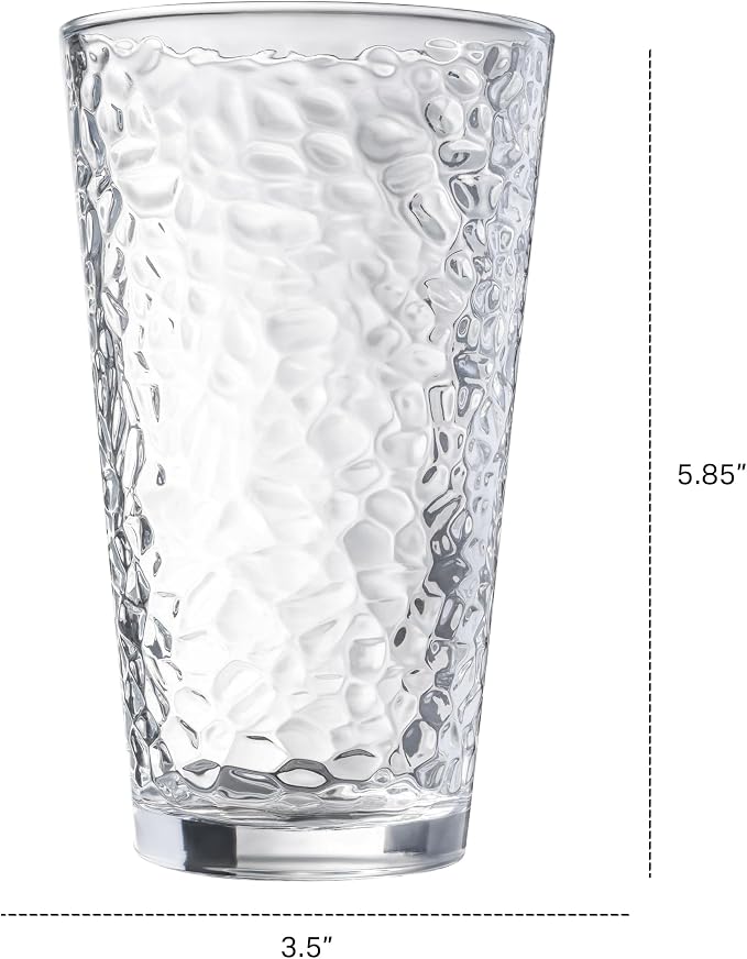 Le'raze Set of 10 Hammered Glass Cups, Clear Heavy Base Drinking Glasses | 16oz, Stackable, Durable, Dishwasher Safe, Freezer Safe, Non Slip, 100% Food Grade, BPA Free, Secure Packaging, Eco-Friendly