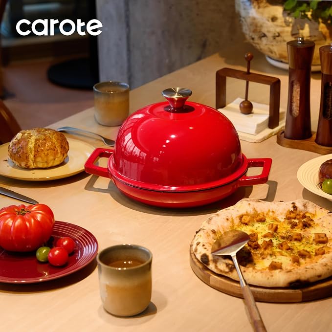 CAROTE 5QT Enameled Cast Iron Dutch Oven, Red Round Bread Oven | Homemade Sourdough Bread Baking, Healthy & Non-Toxic, Dual Handles, All Stovetop Compatible, Oven Safe up to 500° F