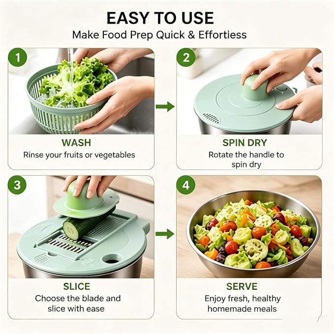 3 in 1 Salad Spinner with Mandoline Slicer, All in One Slicer Bowl, Multifunctional Salad Spinner Small Stainless Steel, Vegetables Wash Bowl, Fruits & Lettuce Dryer with 5 Blade (Stainless Steel)