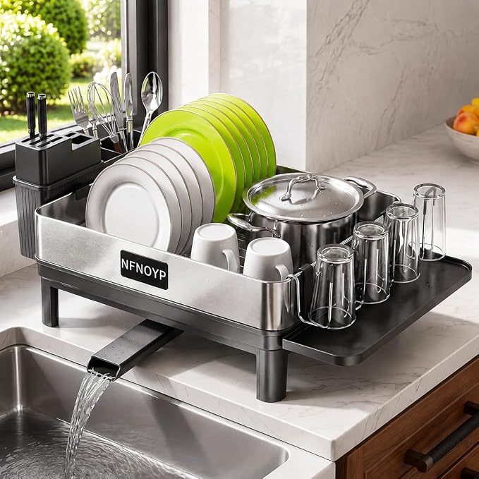 304 Stainless Steel Dish Drying Rack for Kitchen Counter, Black | Large Capacity Rustproof Dish Rack with Auto Drain Spout, Removable Utensil & Cup Holders, Drainboard Set