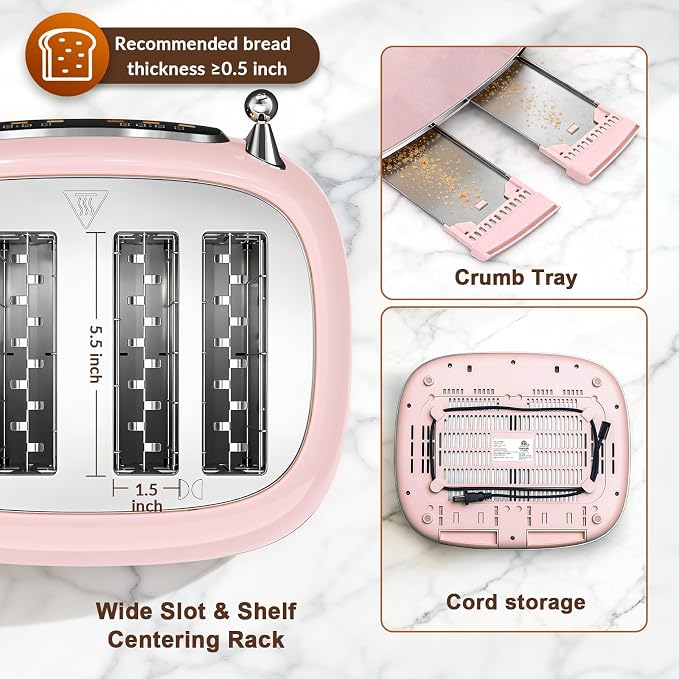 Mecity Toaster 4 Slice, Touch Screen Wide Slot Retro Toaster For Breads Bagel Muffin Waffle, House Warming Gift New Home, 120V 1650W, Pink Color