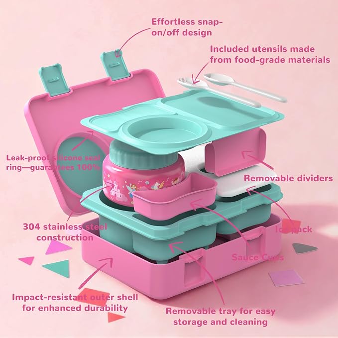Bento Box for Kids, Leakproof Kids Lunch Box with 8.5OZ Thermo Food Jar & Lunch Bag, 3-4 Compartments Toddler Insulated Lunch Box for Girls, BPA Free Lunch Containers for School Daycare