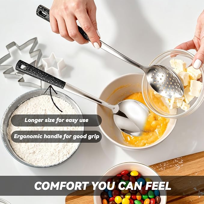 7 Pcs Stainless Steel Serving Spoon and Kitchen Cooking Utensils Set | Large Metal Spoon Soup Ladle Slotted Spoons Tongs for Buffet Catering, Heat Resistant Handle, Dishwasher Safe