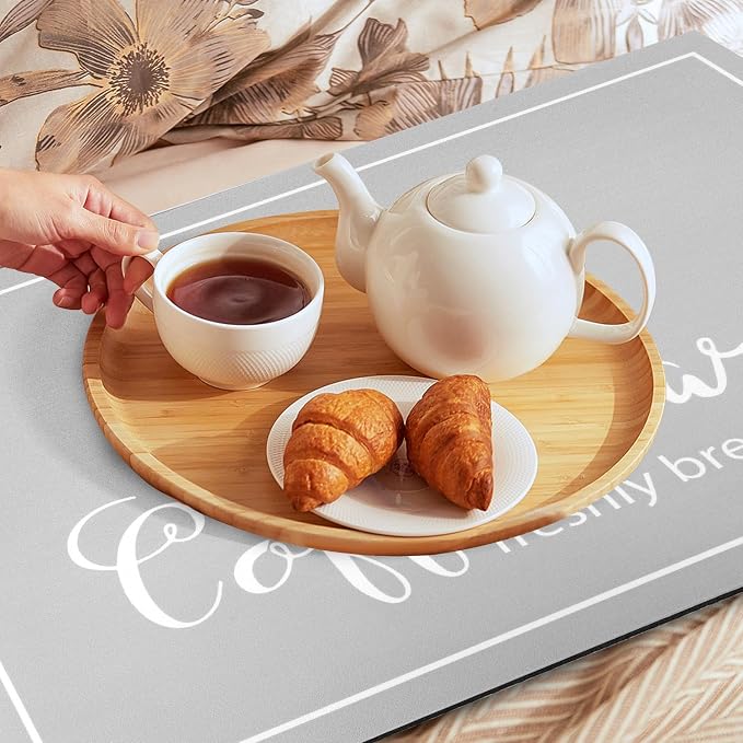 Findosom Dish Drying Mat, 17"x 32" Super Absorbent & Hide Stain Coffee Mat, Cuttable Drying Mat for Kitchen Counter, Coffee Bar Accessories, Under Dish Rack, Coffee Maker, Espresso Machine, LightGrey