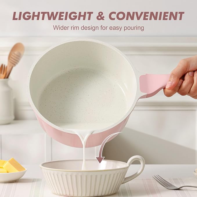 SENSARTE 2QT Ceramic Nonstick Saucepan with Lid, PTFE/PFAS Free, Pink | Small Kitchen Cooking Pot with Stay Cool Handle, Induction Compatible, Ceramic Coating