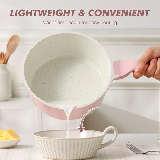 SENSARTE Ceramic Nonstick Saucepan with Lid 1.5 QT, PTFE/PFAS Free, Pink | Small Kitchen Cooking Pot with Stay Cool Handle, Induction Compatible, Ceramic Coating