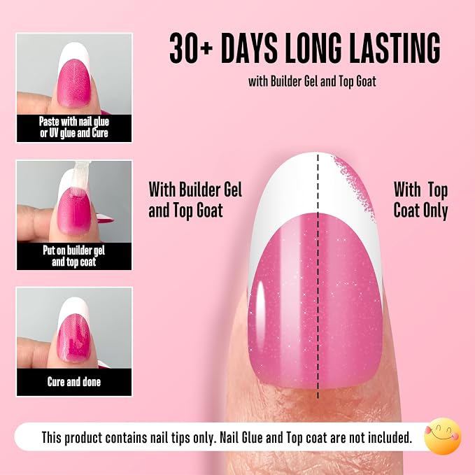 NOVO OVO White French Tip Oval Nail Tips Press on ROSE PINK, Extra Thick Medium Soft Gel Fake Nail Acrylic Extension, Need Builder Gel Top Coat, No Glue Included, for Salon DIY x 15 Sizes 240 pcs