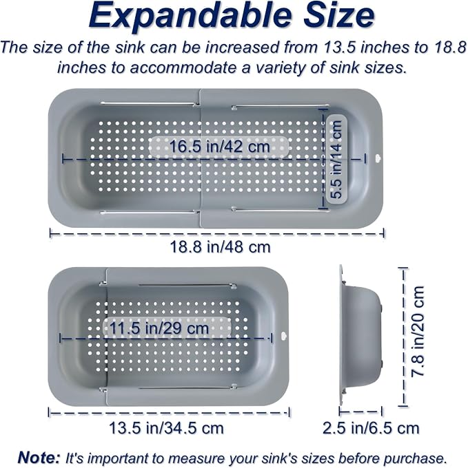 Extendable Sink Colander Strainer Basket - Wash Vegetables and Fruits, Drain Cooked Pasta and Dry Dishes - Adjustable Over the Sink Colander Collapsible Drainer Basket -Gray