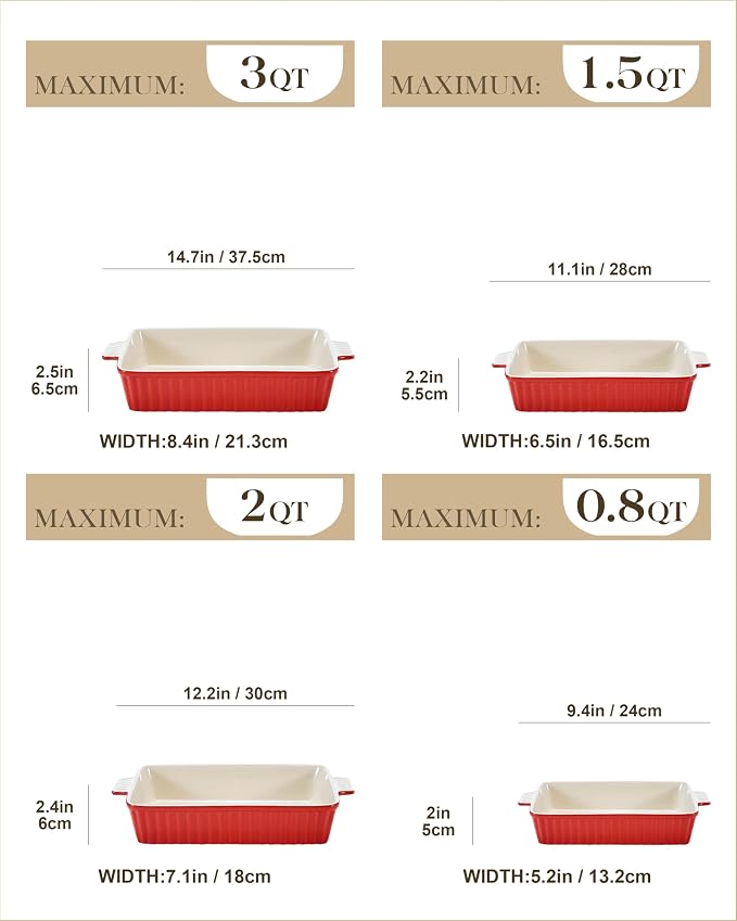 MALACASA Ceramic Casserole Baking Dishes Set of 4, Red with Handles | Rectangular Lasagna Pan Bakeware for Roasting Vegetable, Cake, Housewarming Gift, Oven Dishwasher Safe 9.4/11.1/12.2/14.7"