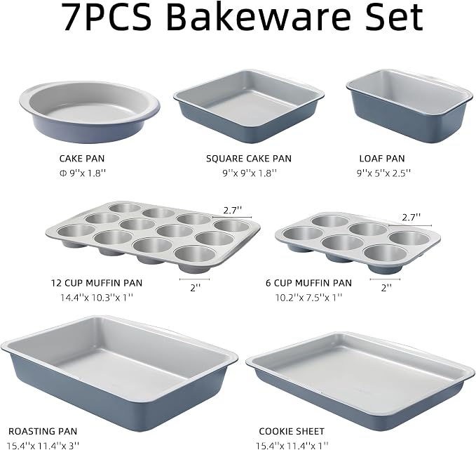 CAROTE 7-Piece Baking Pans Set, Nonstick Bakeware Sets, Gray & Blue | Cookie Sheets, Muffin, Bread, Cake, Loaf, Roasting Pan, Easy-Release, Oven Safe Up to 446°F, PFAS-Free, Stackable, Home, Gift