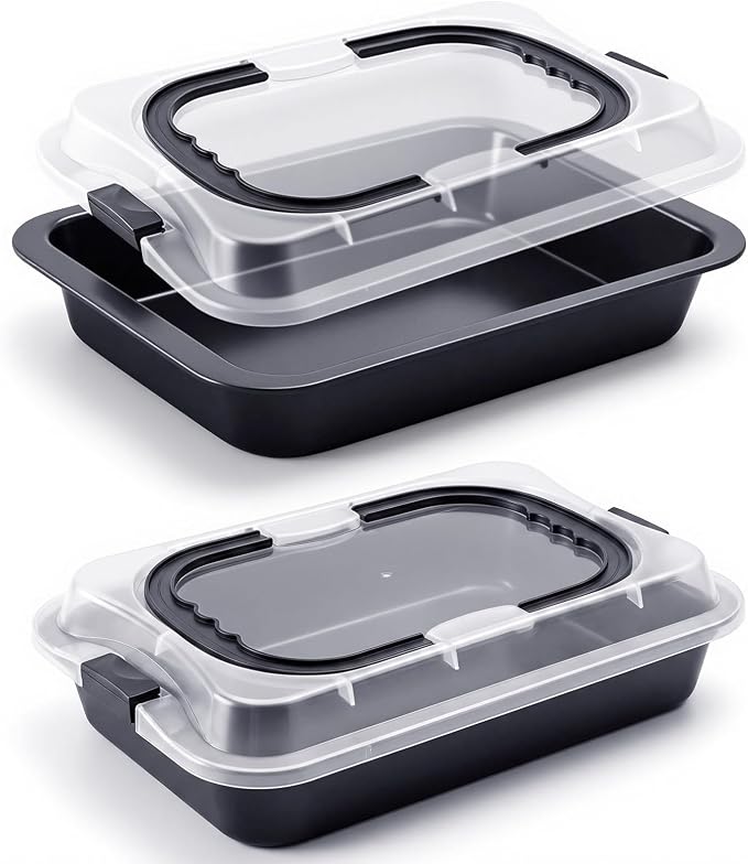 Qinyoung 2 Pcs Black Cake Pan with Lid and Handle, 9 X 13 Inch | Non-stick, Rectangle Sheet Cake Pan, Covered Carrier, Brownie Roasting, Cooking, Baking