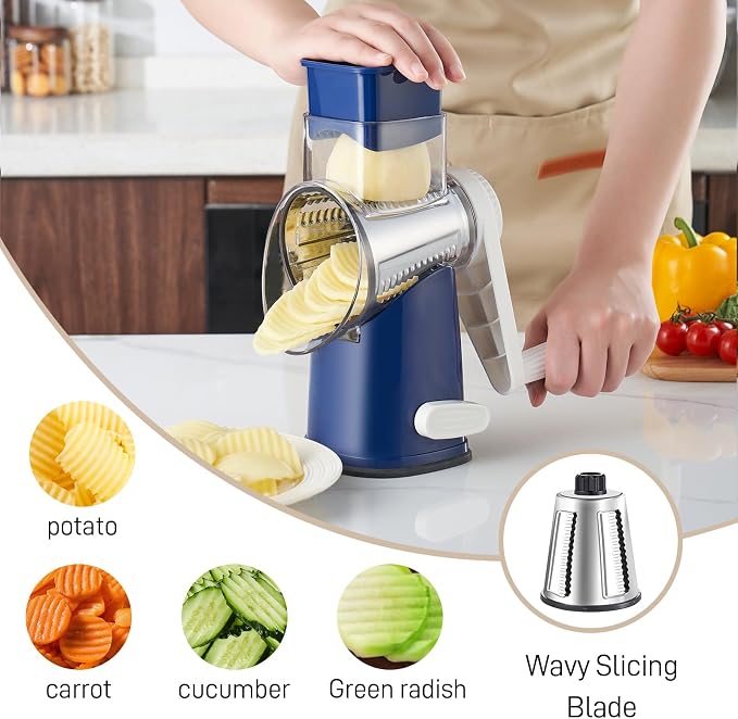 Weltonhm 4 in 1 Large Rotary Cheese Grater Hand Crank (Blue, 4 Graters) | Cheese Shredder Rotary and Slicer with 4 Stainless Steel Blades for Vegetables, Veggie and Cheese, Stronger Suction Base