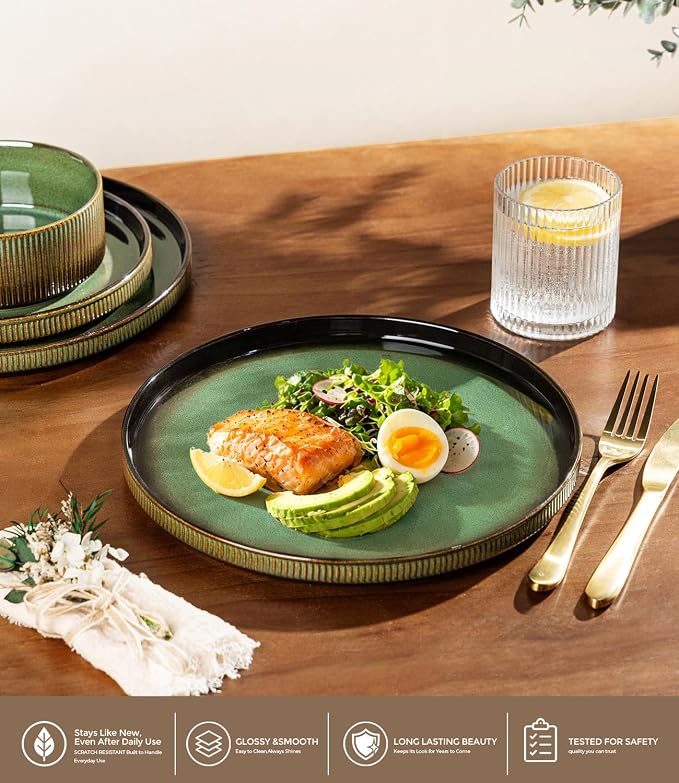 GBHOME Stoneware Dinnerware Sets for 4, 12-Piece Plates and Bowls Set | Handmade Reactive Glaze Ceramic Dish Set, Scratch Resistant, Dishwasher&Microwave Safe,Mocha & Green