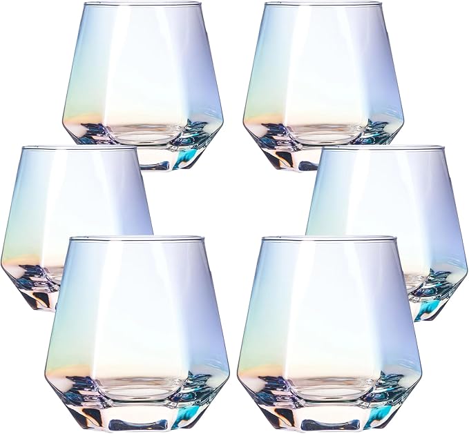 BACLIFE Hand Blown Stemless Wine Glasses Set of 6 – 10 oz Crystal Red Wine Glass – Premium Iridescent Diamond Shaped Drinking Glasses in Gift Box – Unique Gift for Wedding, Anniversary, Father's Day