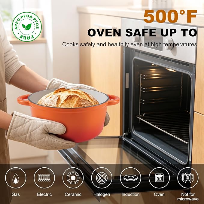 7-QT Enameled Cast Iron Round Dutch Oven With Lid,Oven safe,Orange | Large enameled cast iron Dutch oven,Retains moisture,PFAS-free,500°F,sourdough,braising/stews/roasting,Housewarming Gift