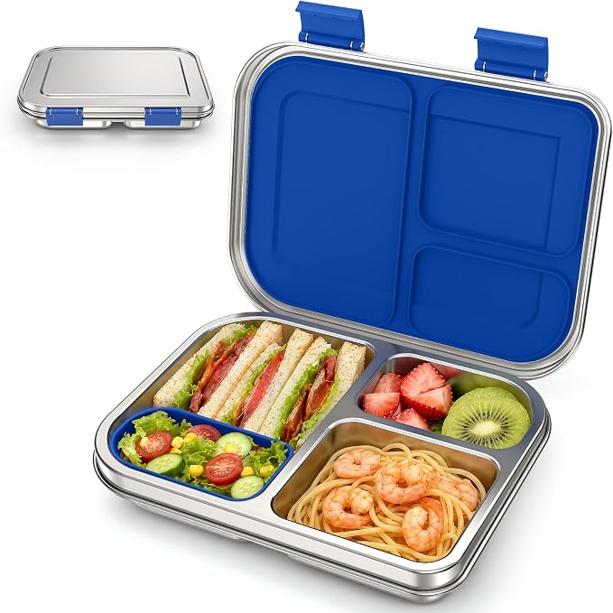 BABHAMNESS Stainless Steel Bento Box Kids, 3 Compartments Leak Proof Metal Bento Lunch Box, 304 Stainless Steel Bento Lunch Containers for School and Office,Dishwasher Safe, BPA-Free-Blue
