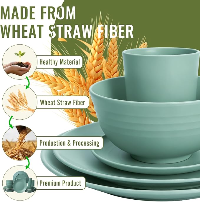 Wheat Straw Dinnerware Sets 40 PCS Unbreakable Dishes Set for Kitchen, Outdoor, Camping Dishes Plates and Bowls Sets with Cups, Dessert Plates, Dishwasher & Microwave Safe - Green