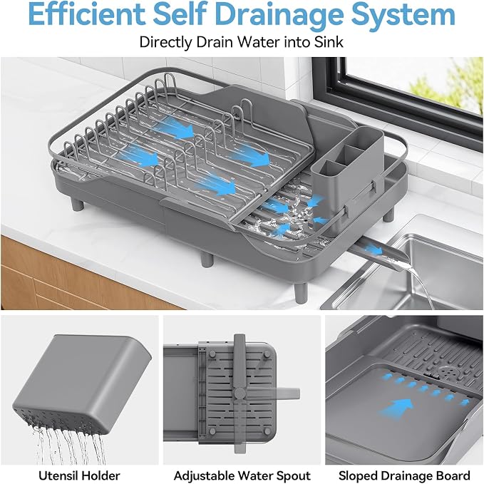 Urackify Expandable Dish Drying Rack for Kitchen Counter,16.2-23.7in,Grey | Adjustable Capacity, Self-Draining Drainboard, Heavy-Duty Steel Frame, Stable Plate Rack, Fits Most Sinks