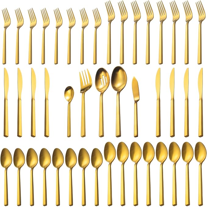 Alata Cube Gold 45-Piece Flatware Set, Forged Cutlery Set, Matte Gold Silverware Service for 8, Stainless Steel Tableware with Square Handle for Home/Restaurant, Dishwasher Safe