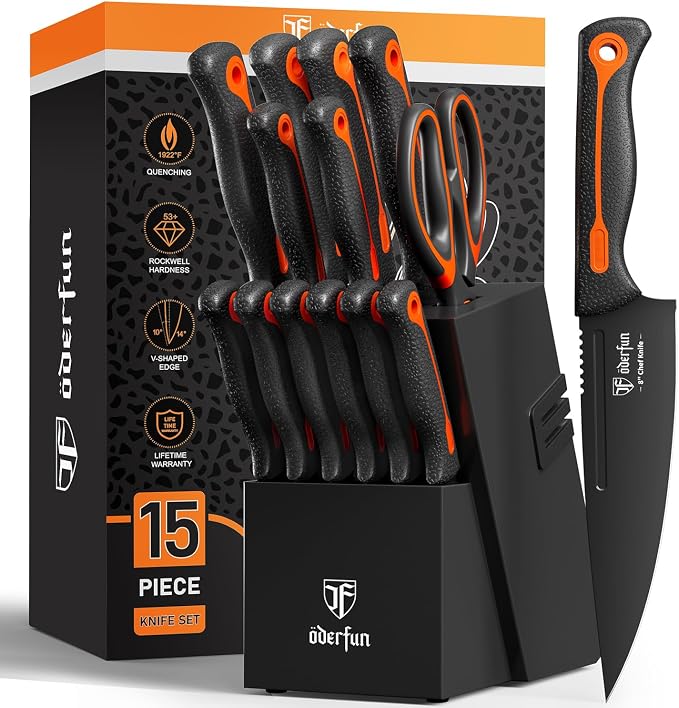 Knife Block Set, 15 PCS Dishwasher Safe Kitchen Knife Set, Non-slip | Razor-Sharp knives set with sharpener, High Carbon Stainless Steel, Ergonomic Handle, Elegant Box for Her Him Women