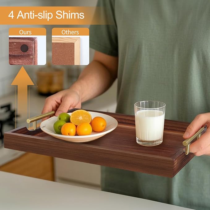 SXNOWS Large Wooden Serving Tray with 2 Sets of Handles,Dark Brown | Rectangle 16.5x13 Inch Ottoman Decorative Tray for Coffee Table Kitchen Bar Living Room Breakfast in Bed, 4 Coasters Included