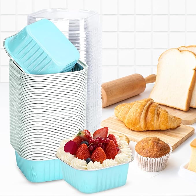 30Pack 5oz Mini Cake Pans with Lids Baking Cups Aluminum Foil Pans Tins, Individual Dessert Cups Containers for Sales,Party,Picnics Sky Blue