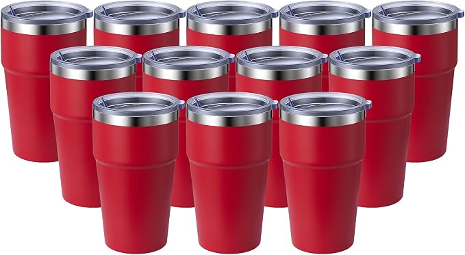 MEWAY 16oz Tumbler Double Wall Vacuum Insulated Travel Mug Bulk, Stainless Steel Tumblers with Lid, Powder Coated Coffee Cups for Cold & Hot Drinks (Red,12 Pack)