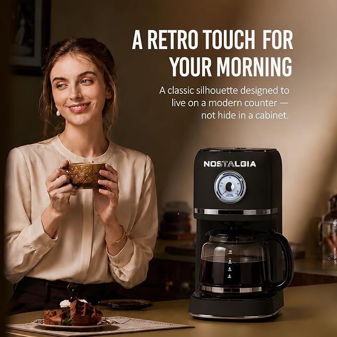 Nostalgia Classic Retro 10 Cup Coffee Maker - One-Touch Drip Brew, Reusable Filter - Anti-Drip, Auto Shutoff, & Time Display - Dishwasher Safe 50 oz Carafe - Black