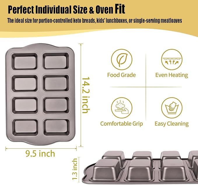 Mini Loaf Baking Pans Set 8-Cavity with 200 PCS Parchment Liners, Nonstick Bakeware Rectangle Bread Pan, Heavy Duty Banana Bread Pan, Grey