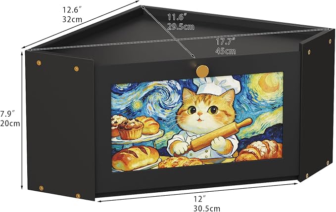 Trironsun Bread Box for Kitchen Counter Van Gogh Inspired Starry Night Cat Bread Storage Container with Acrylic Door Cute Baker Cat Design Unique Breadbox Organizer (Black, 1 Layer)
