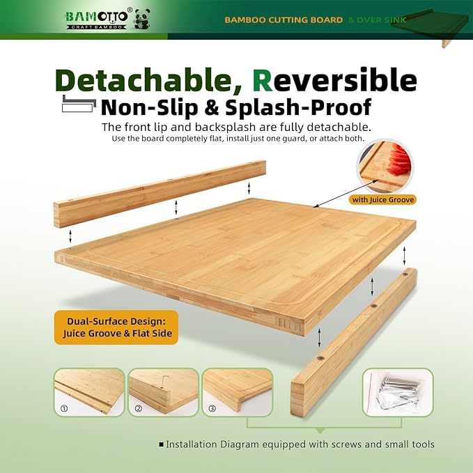 BAMOTTO CRAFTBAMBOO Extra Large Bamboo Cutting Board Noodle Board 24"x18" | Detachable Front Lip & Backsplash | Double-Sided Juice Grooves | Sink Cover | Stove Cover | Carving Board | Natural Bamboo