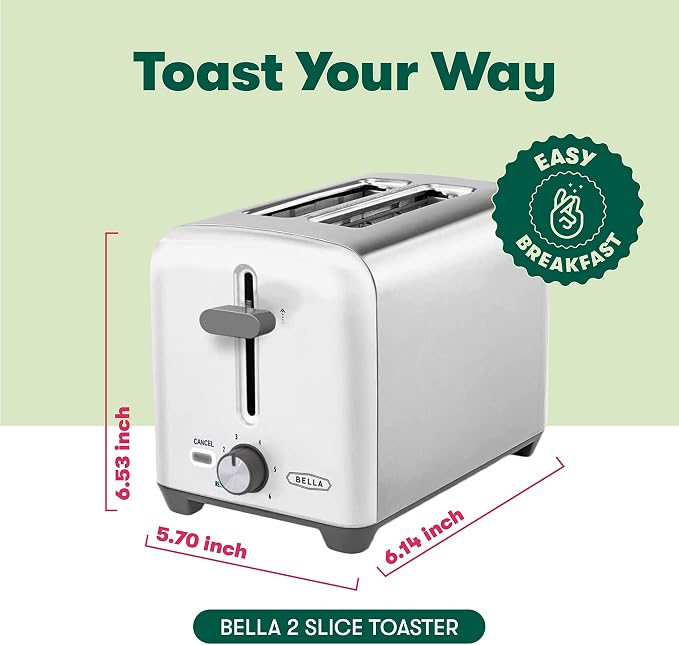 BELLA 2 Slice Toaster, Quick & Even Results Every Time, Wide Slots Fit Any Size Bread Like Bagels or Texas Toast, Drop-Down Crumb Tray for Easy Clean Up, Stainless Steel and White
