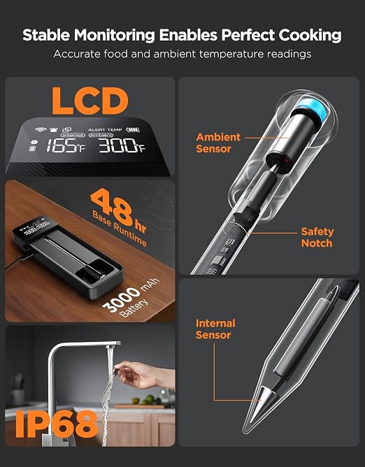 GoveeLife Smart Bluetooth Wireless Meat Thermometer Digital with App Alerts | WiFi Unlimited Range, IP68 Waterproof, Charge Magnetic Base, Timer Mode, Kitchen Thermometer Suitable for BBQ, Grill, Smoker