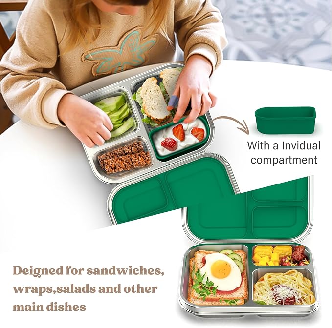 BABHAMNESS Stainless Steel Bento Box Kids, 3 Compartments Leak Proof Metal Bento Lunch Box, 304 Stainless Steel Bento Lunch Containers for School and Office,Dishwasher Safe, BPA-Free-Green
