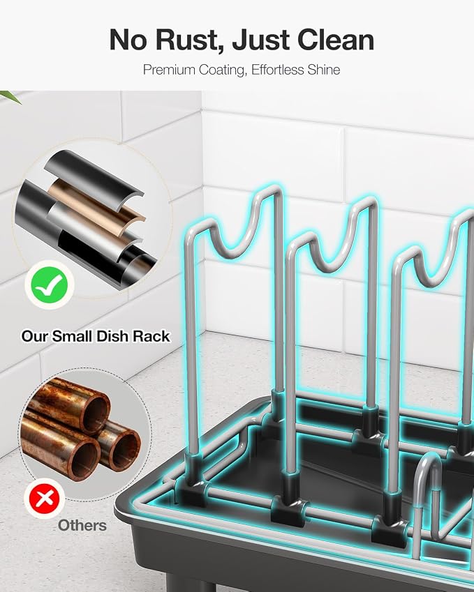 Small Dish Drying Rack Carbon Steel Dish Rack Rustproof for Kitchen Counter Compact Dish Drainer with Adjustable Slots for Small Kitchens & Apartments 16.5×6.5×7inch Black