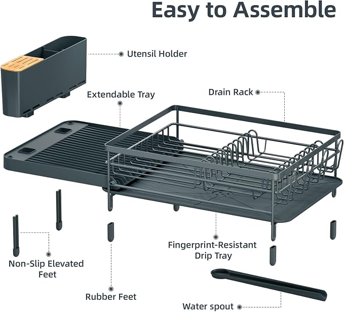 Urackify Extendable Dish Rack, 18.5"-26.7" L x 12.7" W, Dark Slate Gray | Multifunctional large dish rack with cup holder and built-in cutlery holder for versatile drying needs